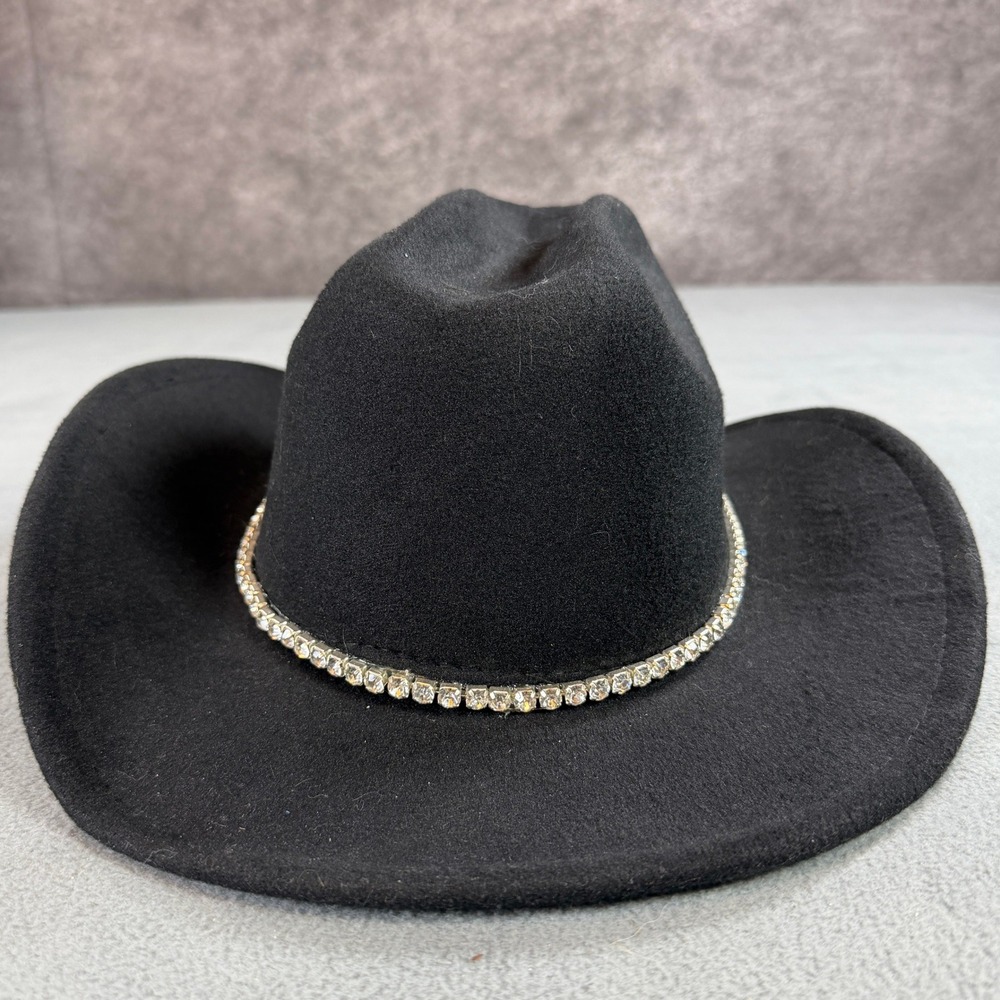 Black Felt Rhinestone Cowboy Hat Western Cowgirl Festival Glam Pinched Crown